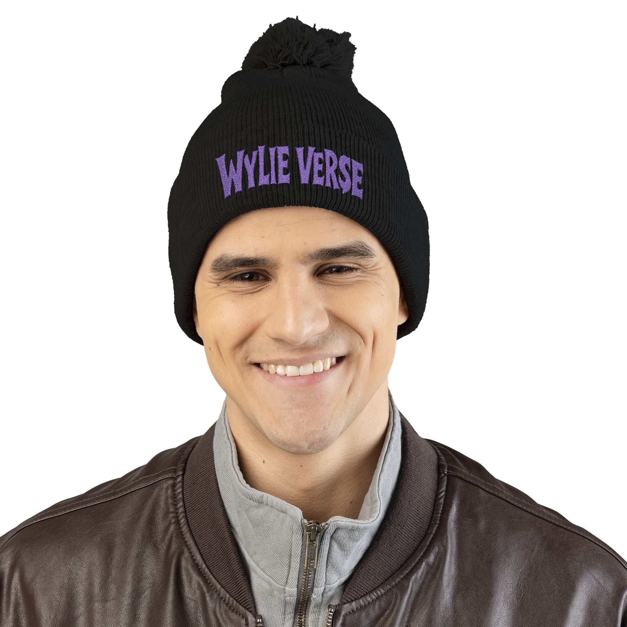 Wylie Verse Pom-Pom Knit Cap with Embroidery